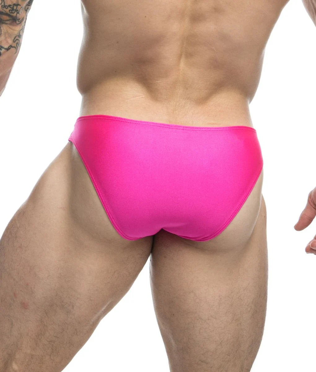 Justin plus Simon classic mens bikini bright pink sleek form-fitting swim trunks ideal for swimming and beachwear