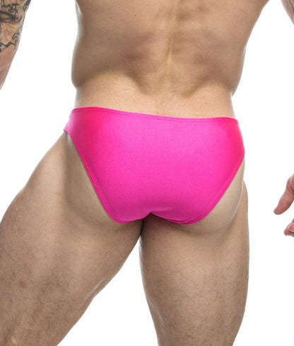 Justin plus Simon classic mens bikini bright pink sleek form-fitting swim trunks ideal for swimming and beachwear