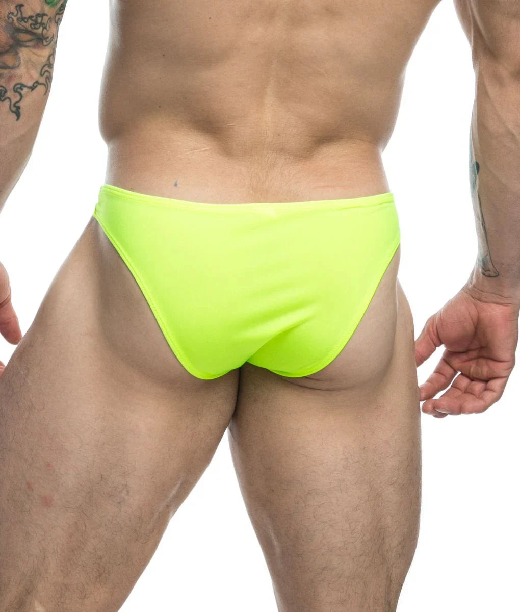 Bright neon green classic mens bikini briefs from justin + simon made for comfort and style final sale