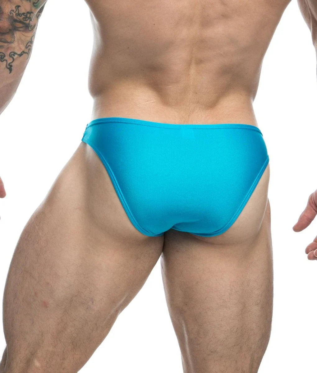 Bright turquoise swim trunks with smooth form-fitting design from justin plus simon classic mens bikini final sale