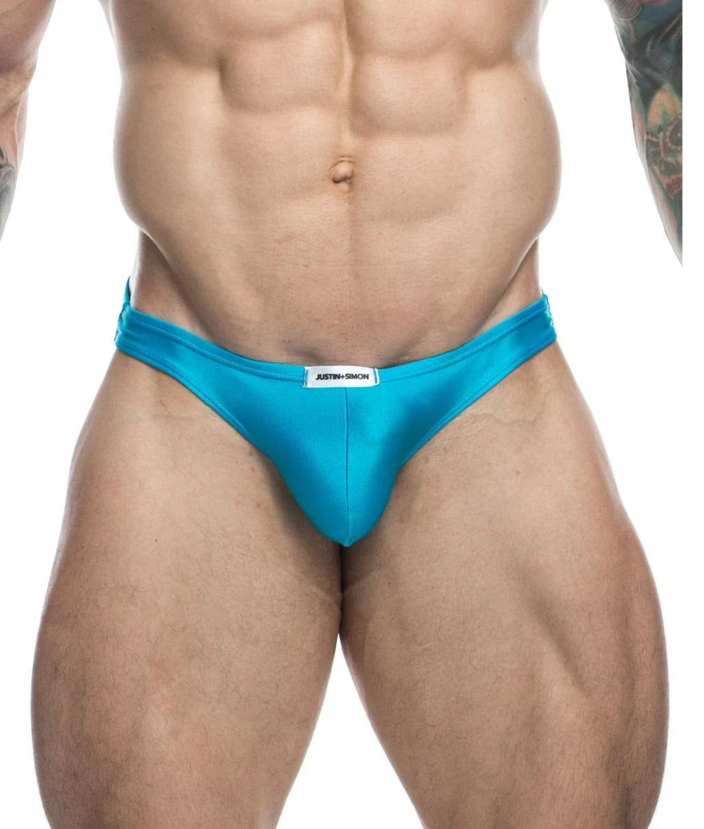 Bright turquoise satin men’s bikini briefs with justin simon white label on waistband classic final sale
