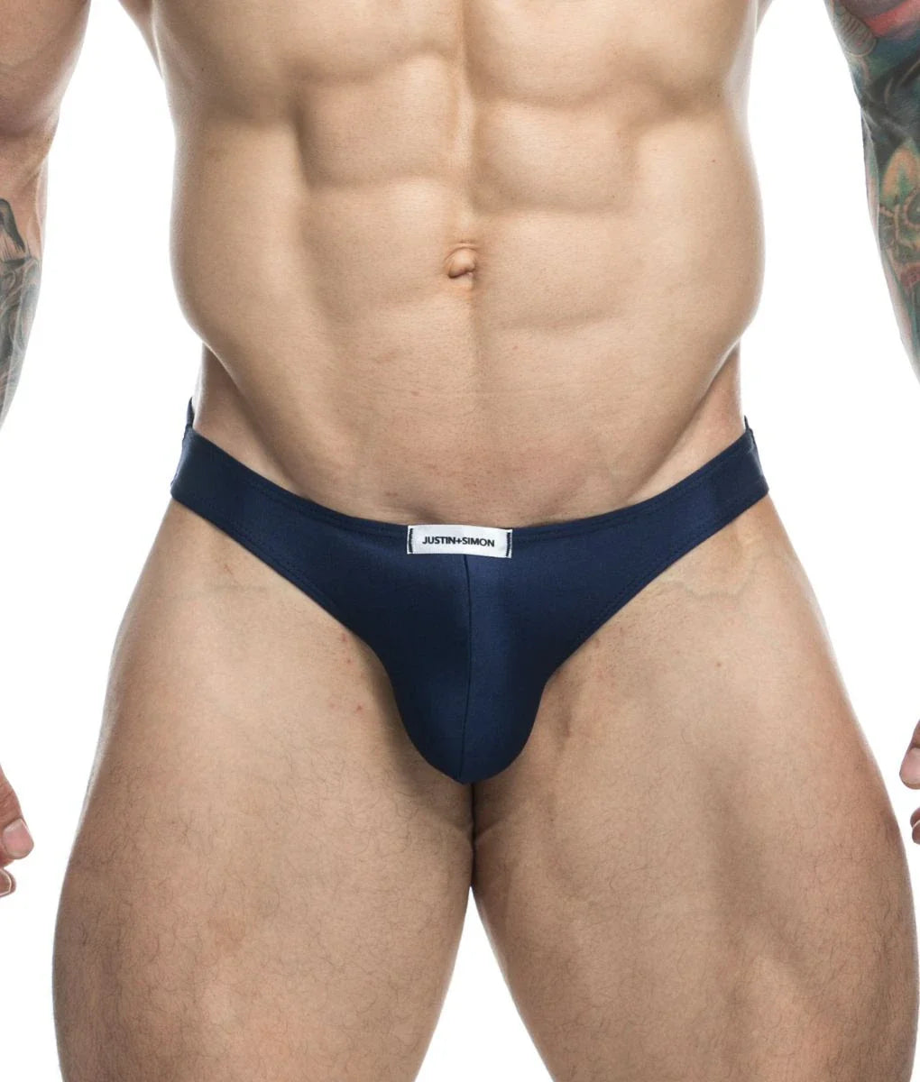 Navy blue Justin and Simon classic mens bikini briefs with white waistband label designed for comfort and style