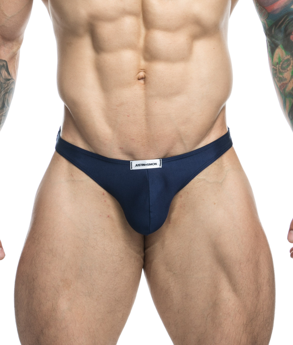 Navy blue men’s briefs with a white waistband label from Justin + Simon classic tanga final sale collection