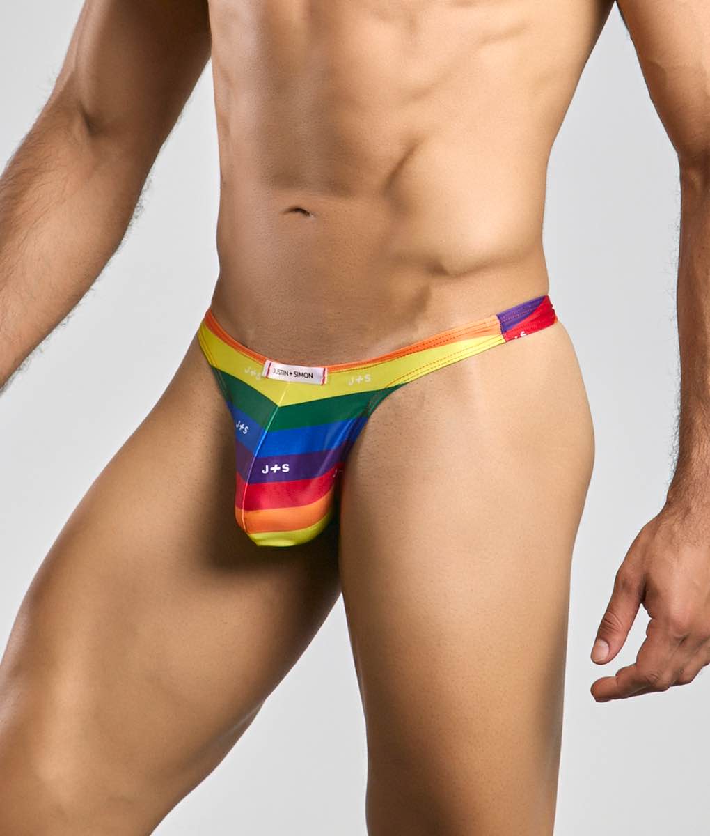 Justin + Simon classic tanga men’s thong in vibrant rainbow stripes with a sleek form-fitting design and bold gradient colors