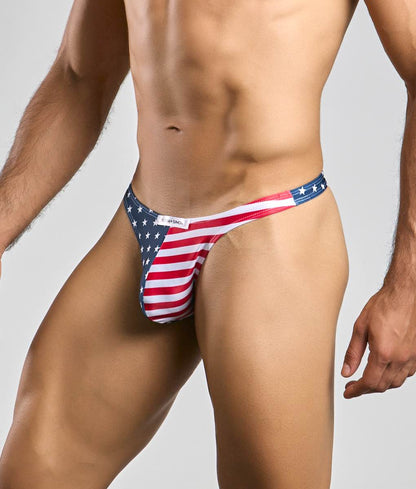 Justin + Simon classic tanga American flag thong in red white and blue with stretchy fabric design shown from back side
