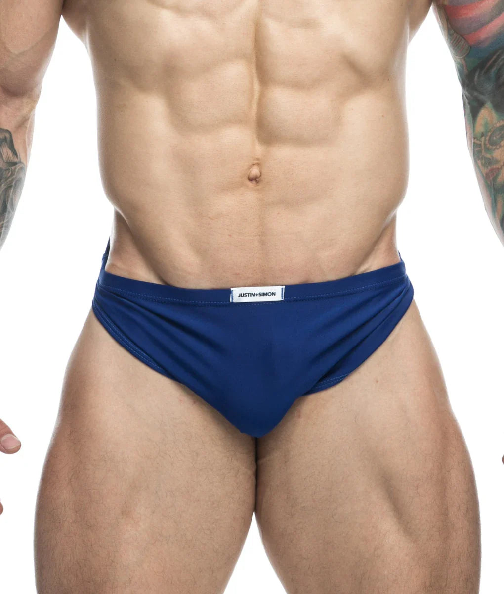 Blue Justin Simon running briefs made of breathable fabric for active use shown from the front side