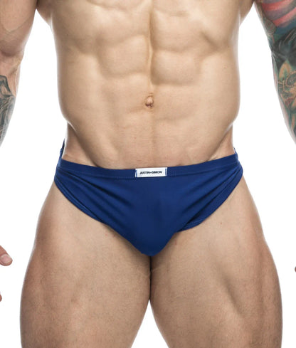 Blue Justin Simon running briefs made of breathable fabric for active use shown from the front side