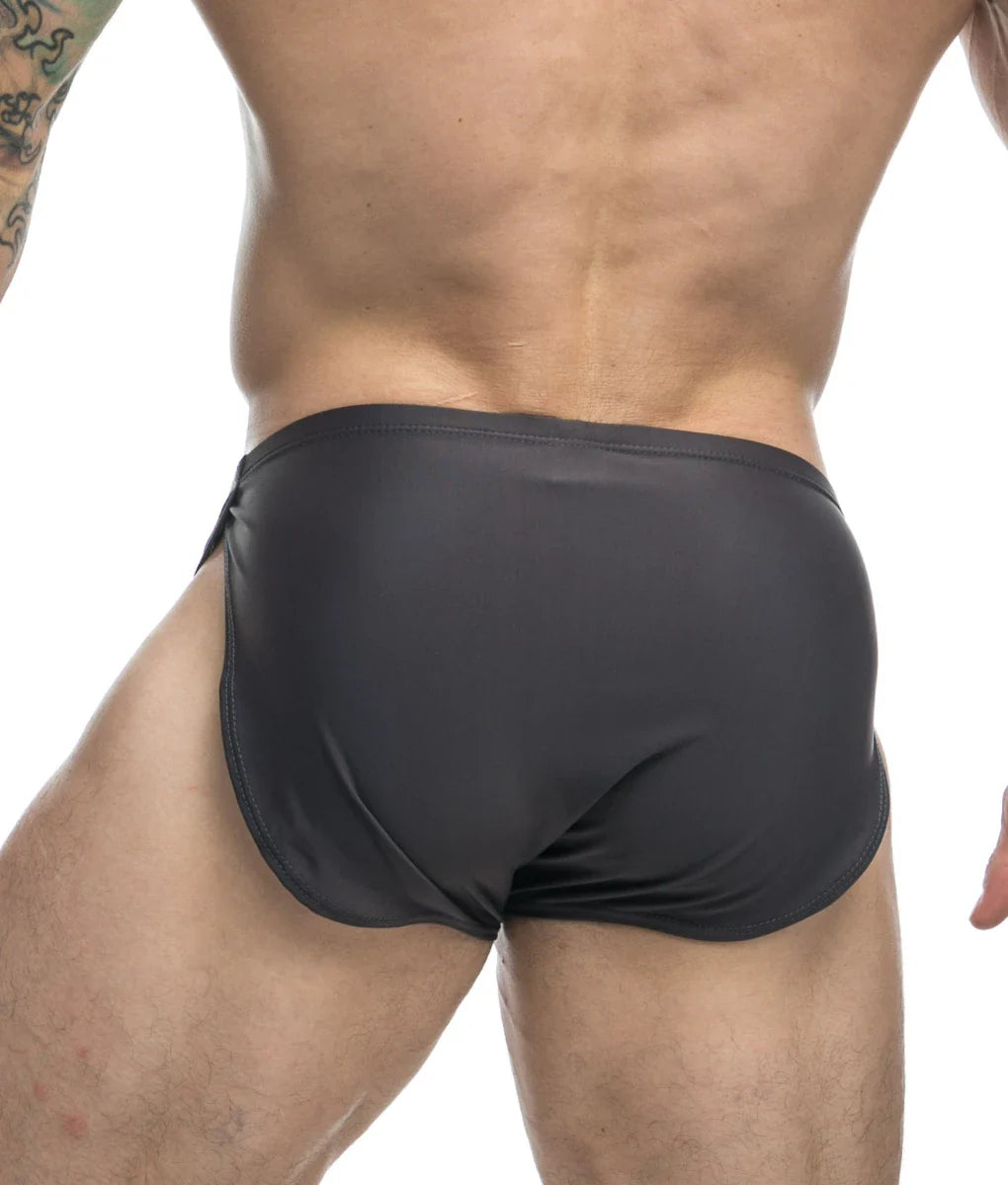 Black justin + simon running short final sale with form-fitting smooth stretchy fabric and subtle side seam detail