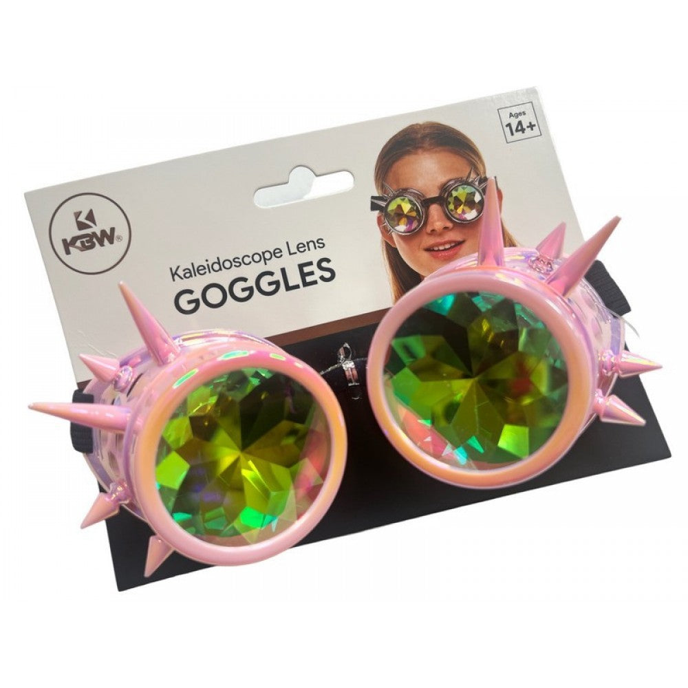 Pink spiked kaleidoscope goggles with iridescent green and yellow gemstone-like lenses for festival wear