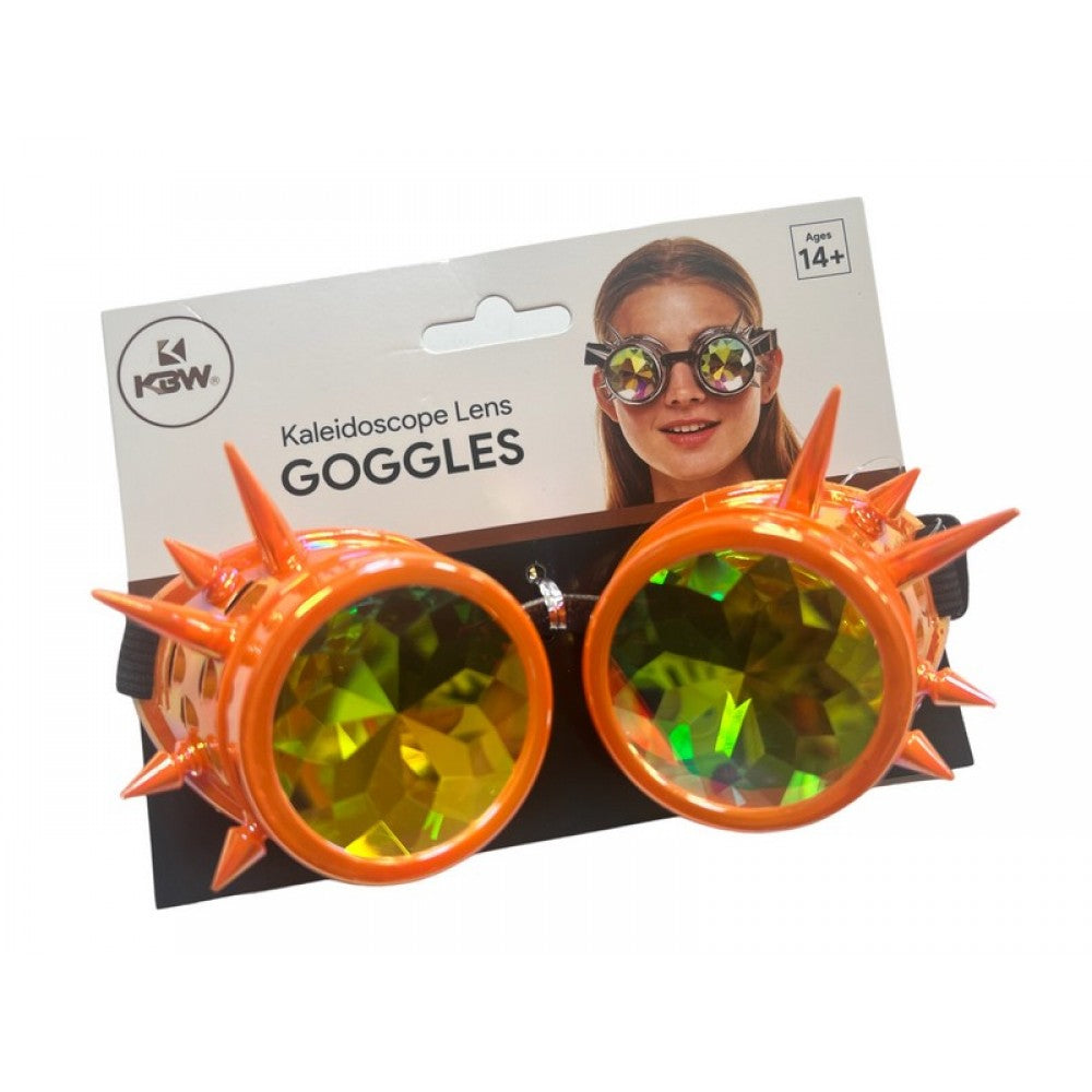 Orange spiked kaleidoscope goggles with iridescent green and yellow faceted lenses for festival wear
