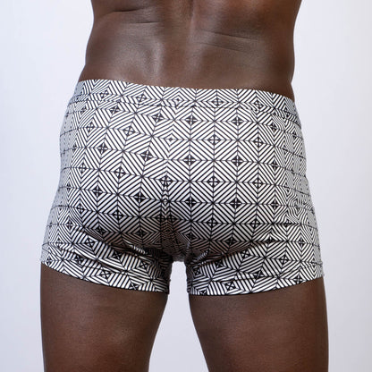 Black and white geometric patterned kaleidoscope sq cut trunk boxer briefs with modern angular design