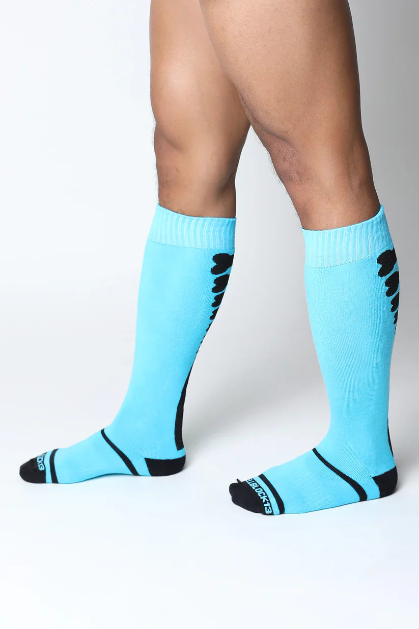 Light blue kennel club bones knee high socks with black accents ribbed cuff and skechers logo on the toe