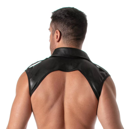 Black faux leather sleeveless vest with a kinky collar and cutout back design shown from the back side