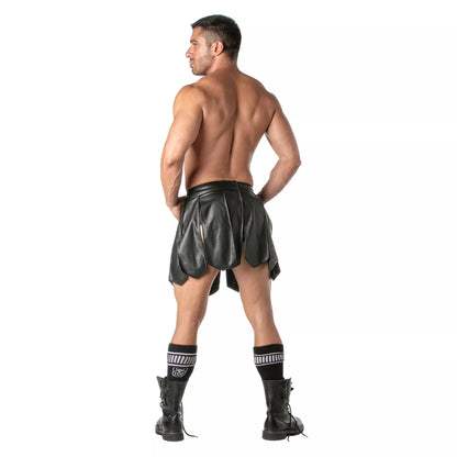 Black leather kinky gladiator skirt with flared pleated design and side slits for edgy fashion look