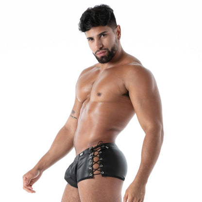 Black leather lace-up briefs kinky laced trunk with front lacing detail for edgy fashion and comfort