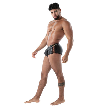 Black leather briefs with lace-up front detail from the kinky laced trunk collection for edgy style