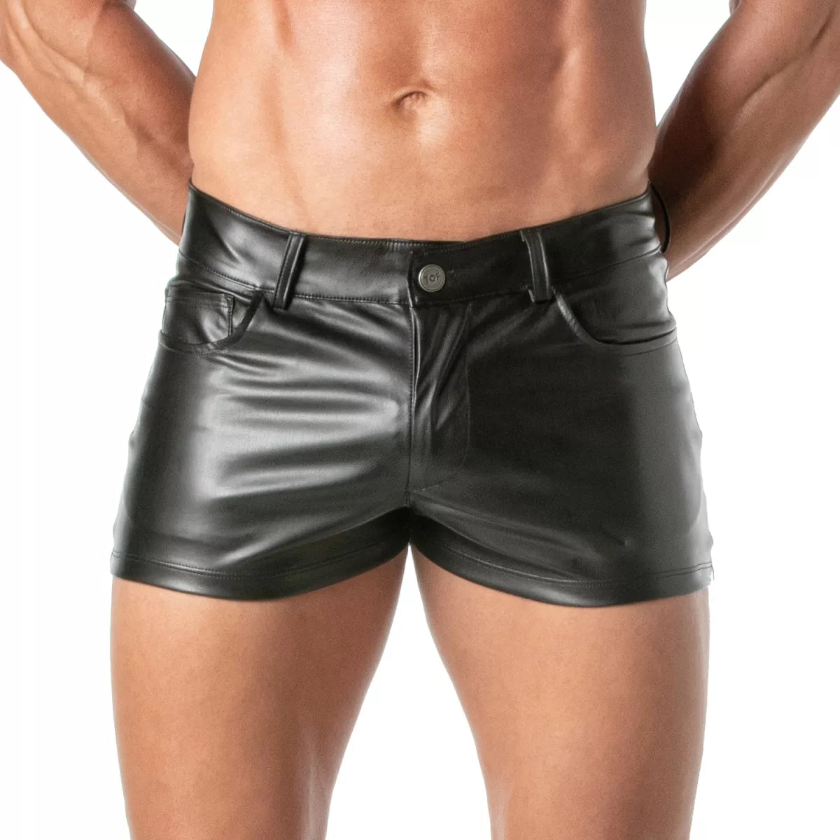 Kinky mini shorts black patent leather shorts with sleek glossy finish and classic five-pocket design