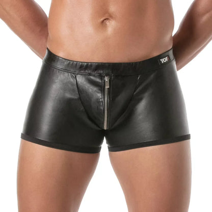 Black leather kinky zipped push-up boxer briefs with front zipper and tof brand label visible on the front