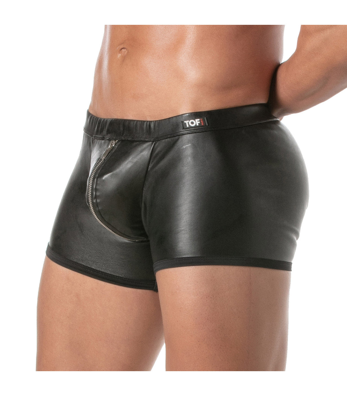 Black faux leather kinky zipped push-up boxer briefs featuring a front zipper detail for edgy style and support