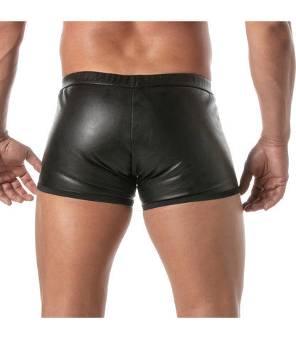 Black shiny faux leather kinky zipped push-up boxer briefs showcasing front side design
