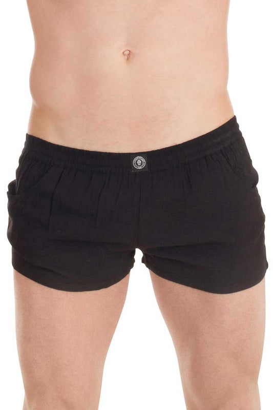 Black cotton lounge shorts with elastic waistband and small circular logo lhomme invisible sensations size m