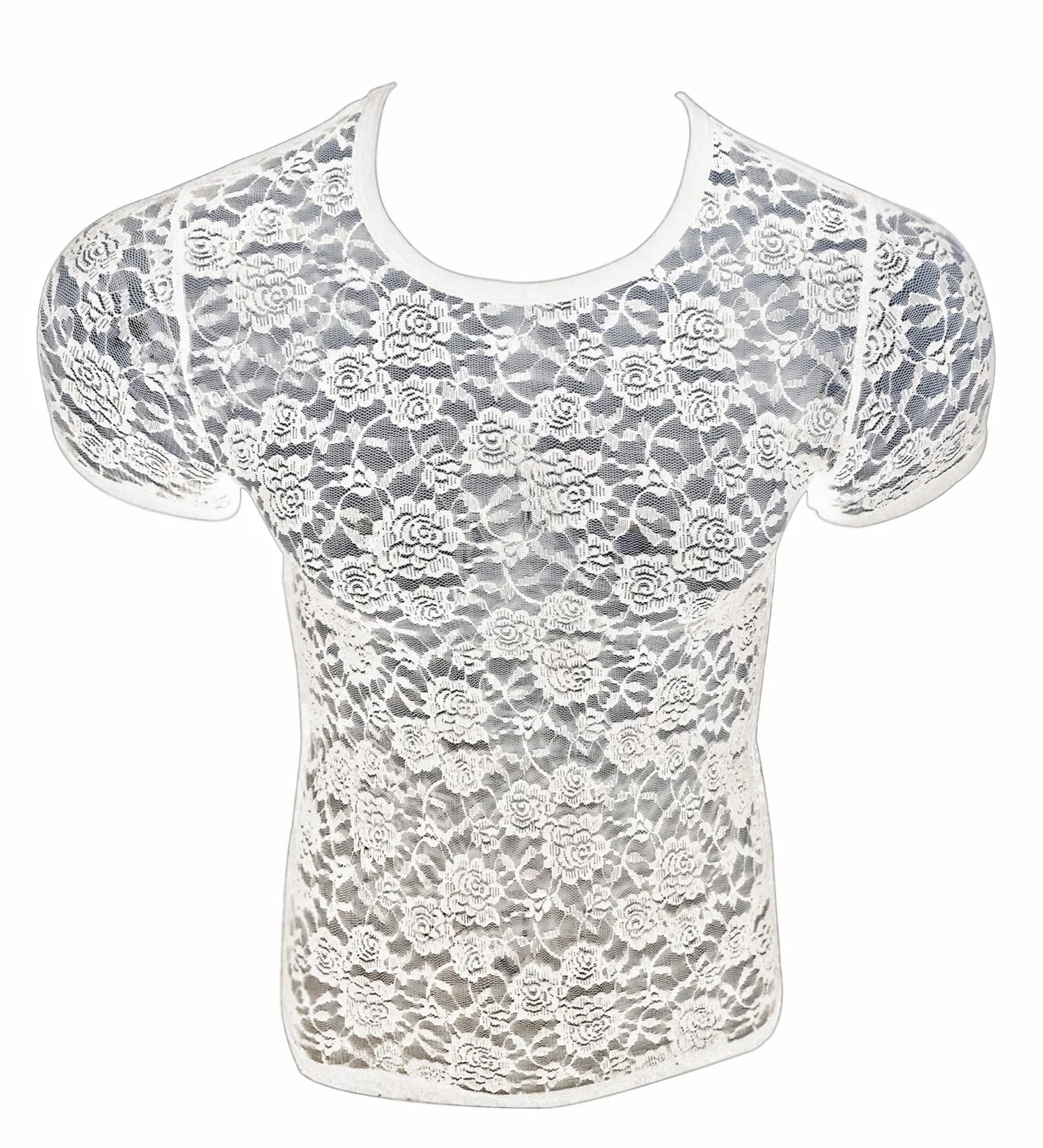 White floral lace short-sleeved top with round neckline in breathable lace tee perfect for casual wear