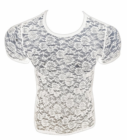 White floral lace short-sleeved top with round neckline in breathable lace tee perfect for casual wear