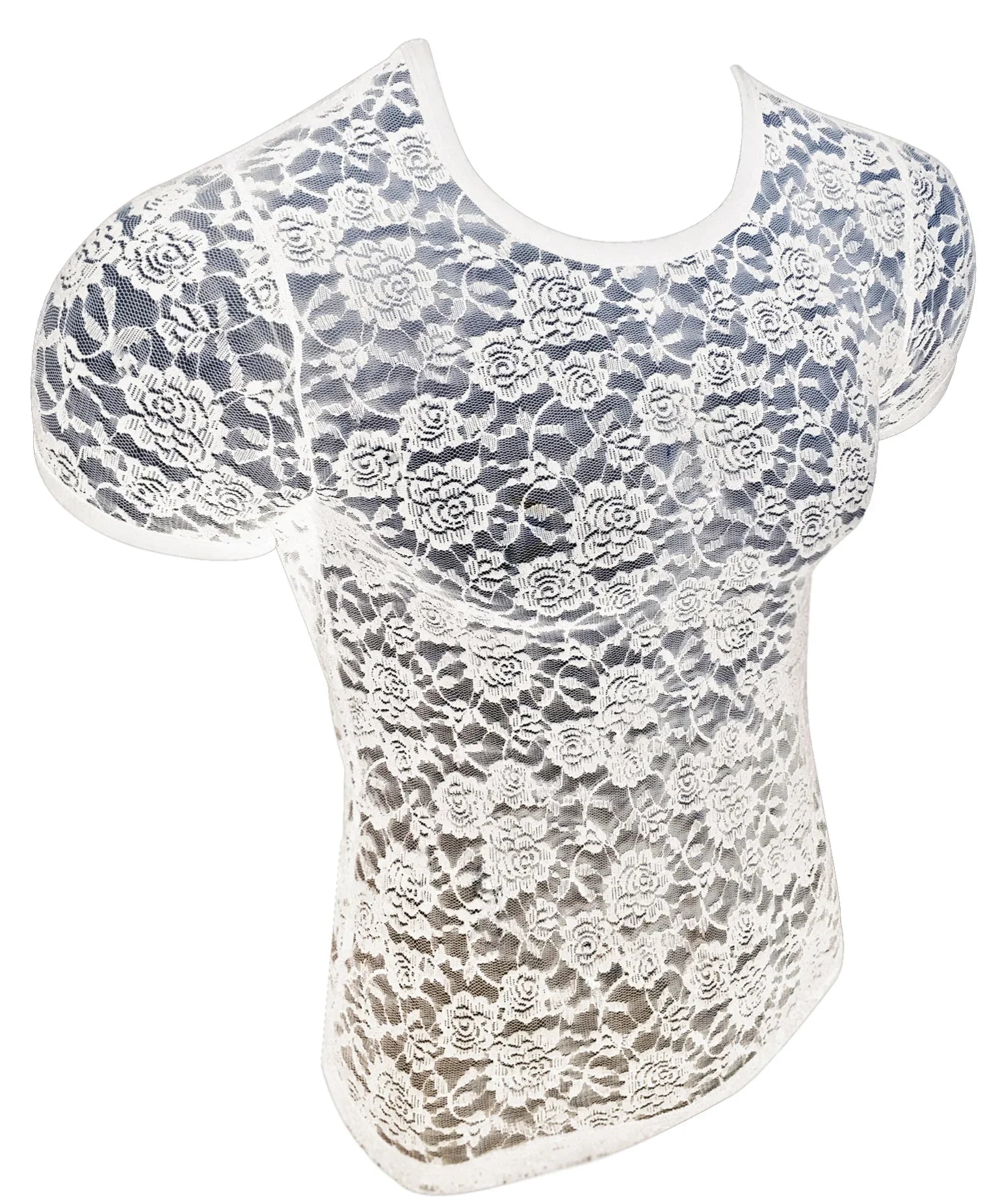 White floral lace tee with short sleeves and a rounded neckline perfect for casual wear