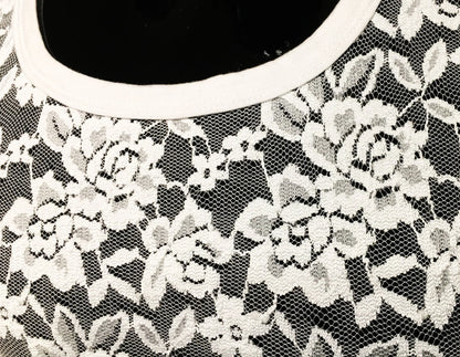 White floral lace tee with black base and clean white rounded neckline perfect for casual wear
