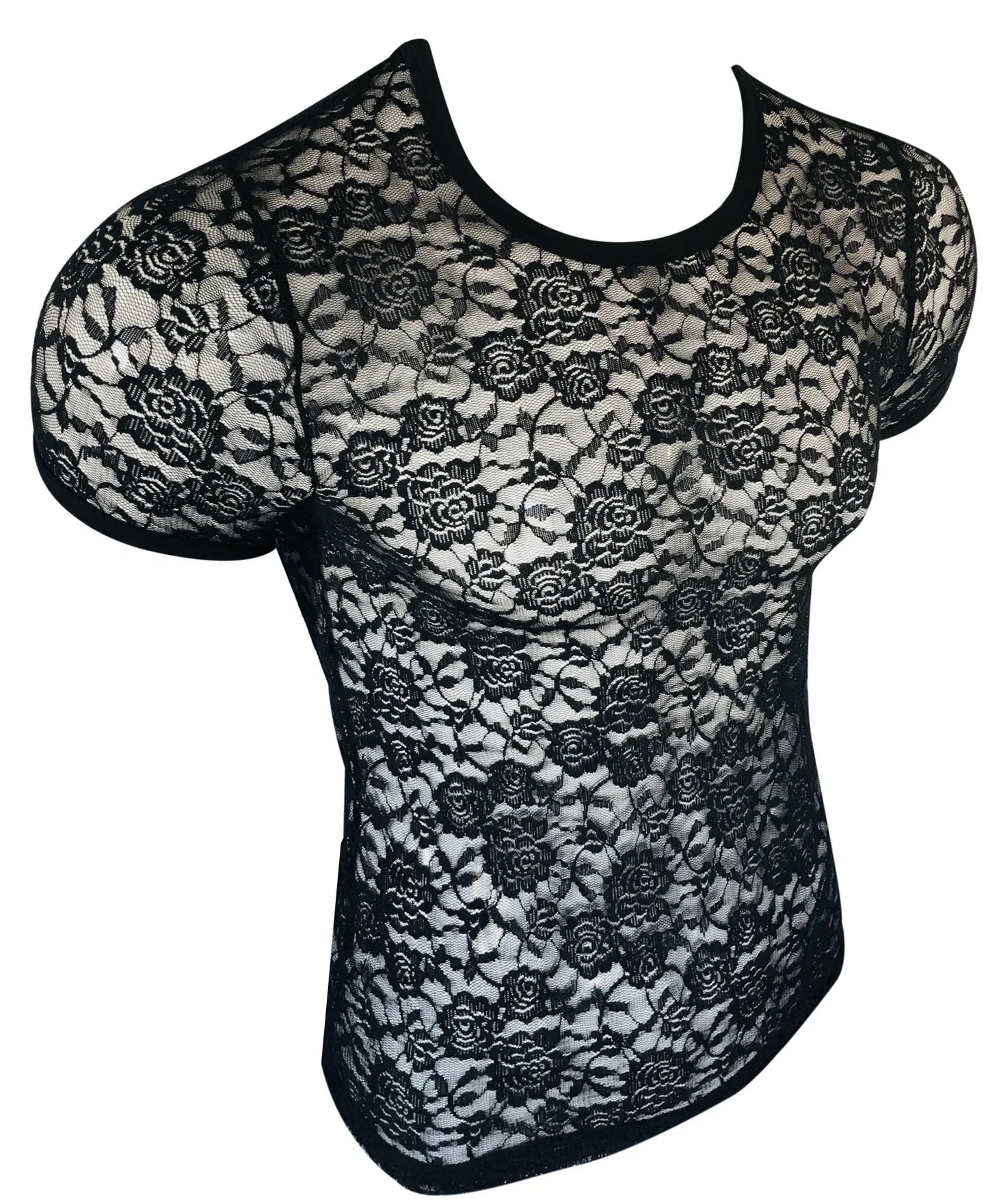 Black floral lace tee with short sleeves and rounded neckline perfect for stylish casual wear