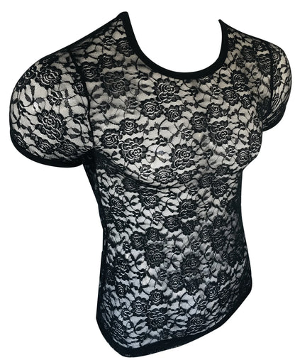 Black floral lace tee with short sleeves and rounded neckline perfect for stylish casual wear