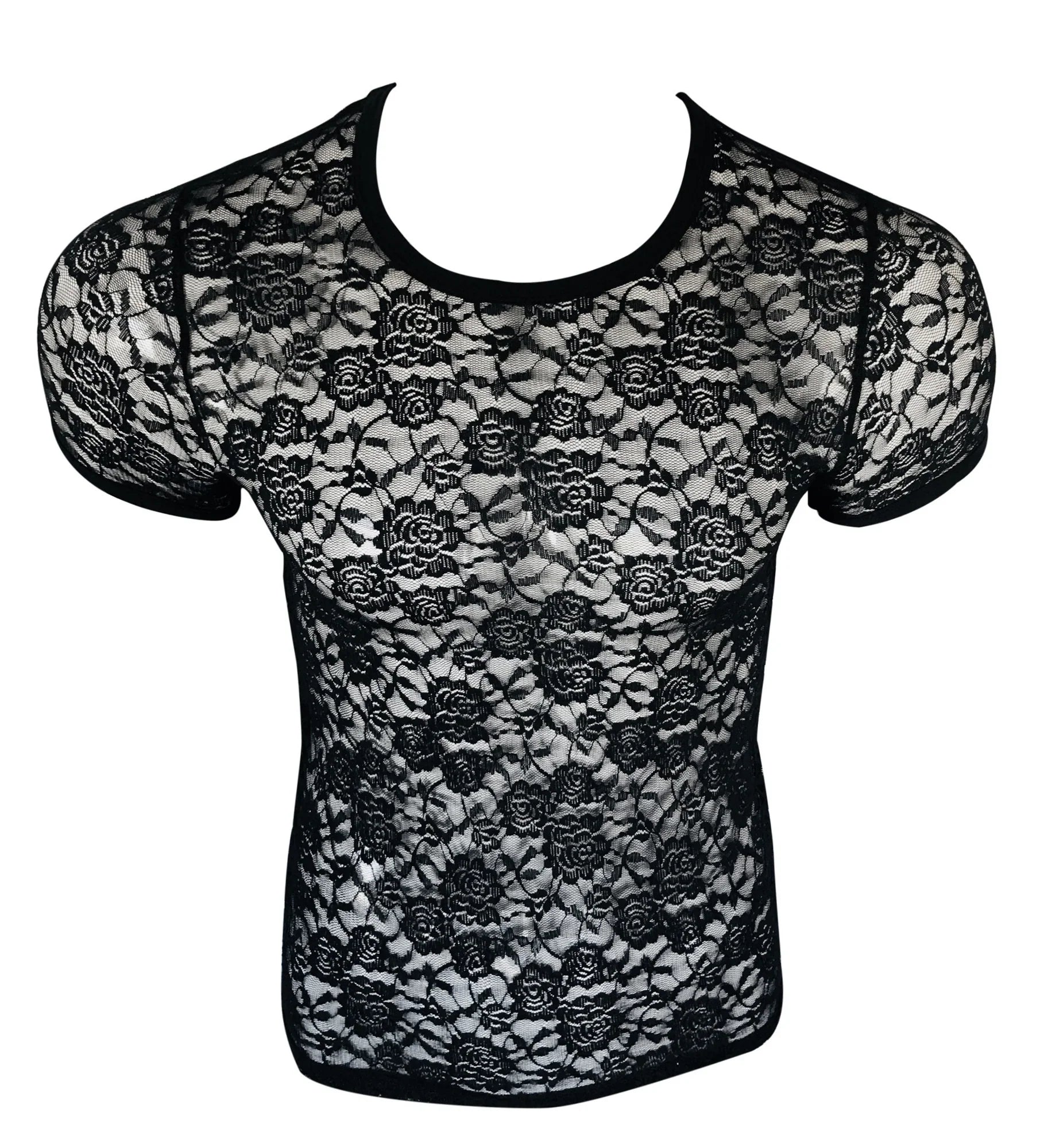 Black lace tee with floral pattern and short sleeves made of delicate lace fabric for stylish casual wear