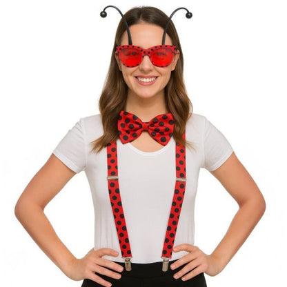 Red polka-dot bow tie with black spots from ladybug dress-up kit for costume and party use