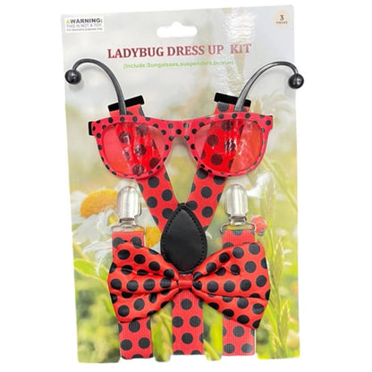 Ladybug dress-up kit featuring red and black polka-dotted accessories including sunglasses suspenders and bow tie