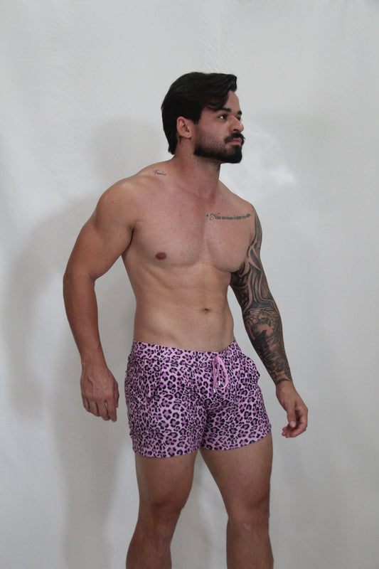Purple leopard-print fleece shorts with matching drawstring ideal for casual wear and comfort