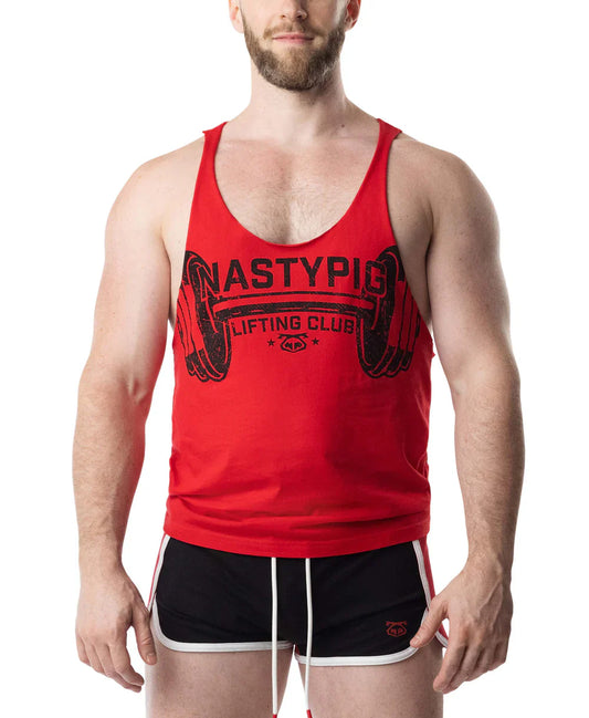 Red cotton lift club skank tank top with black barbell graphic and nastypic lifting club text on the chest