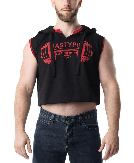 Black sleeveless hoodie crop top with red trim featuring a bold barbell graphic across the chest for lifting workouts