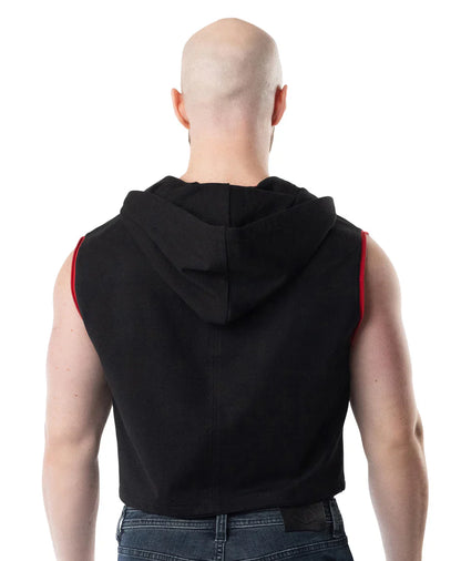 Lift club sleeveless hoodie black with red trim along armholes designed for lifting and training activities