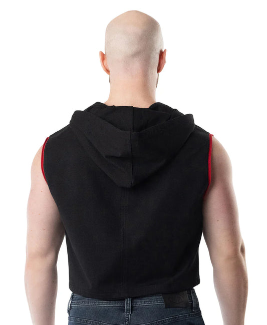Lift club sleeveless hoodie black with red trim along armholes designed for lifting and training activities