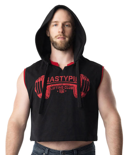 Black sleeveless hoodie with red trim and bold lifting club graphic printed on the chest for workout wear