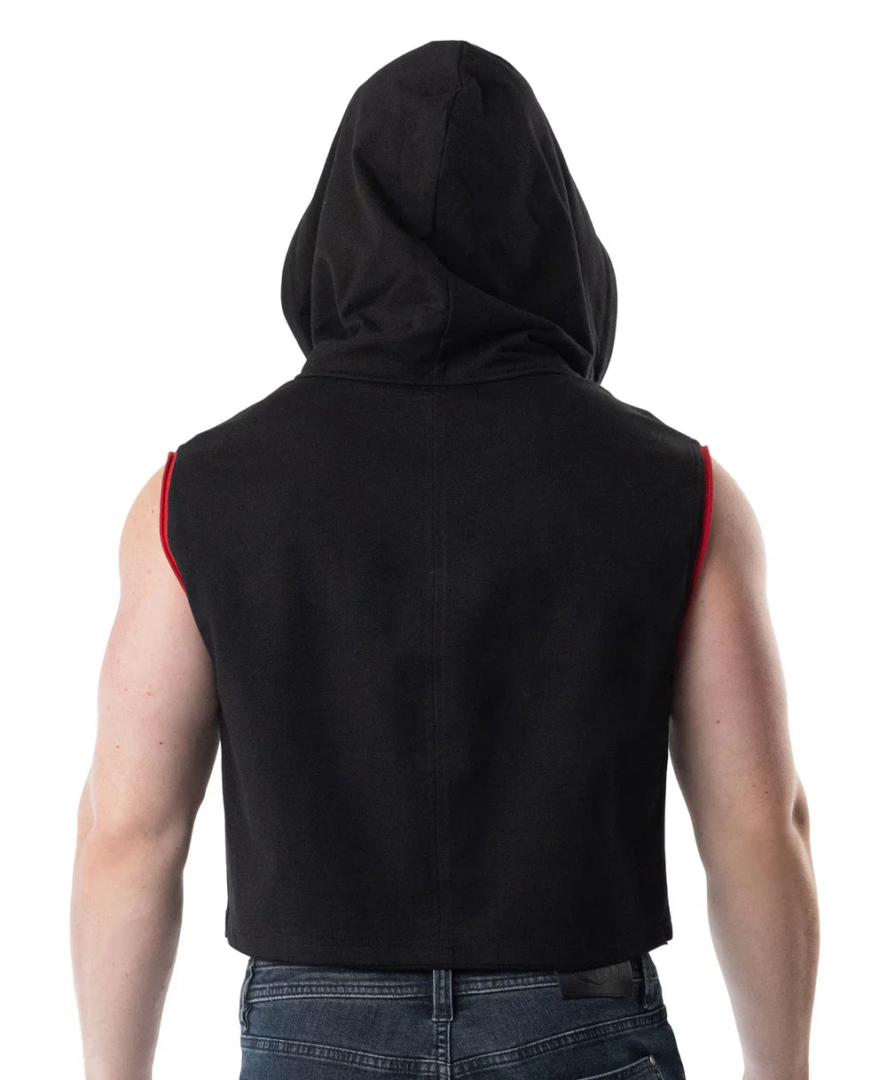 Black hooded sleeveless crop top with red trim along armholes from lift club sleeveless hoodie collection