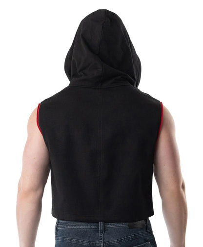 Black hooded sleeveless crop top with red trim along armholes from lift club sleeveless hoodie collection