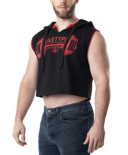 Black sleeveless hoodie with red trim and barbell graphic across the chest designed for lift club workouts