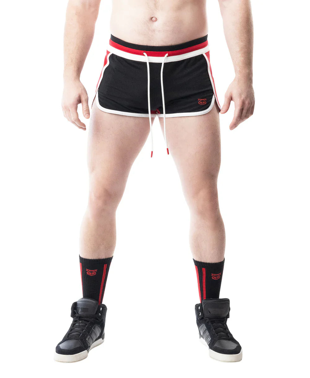 Lift club trunk short black athletic shorts with red and white trim drawstring waistband and embroidered logo
