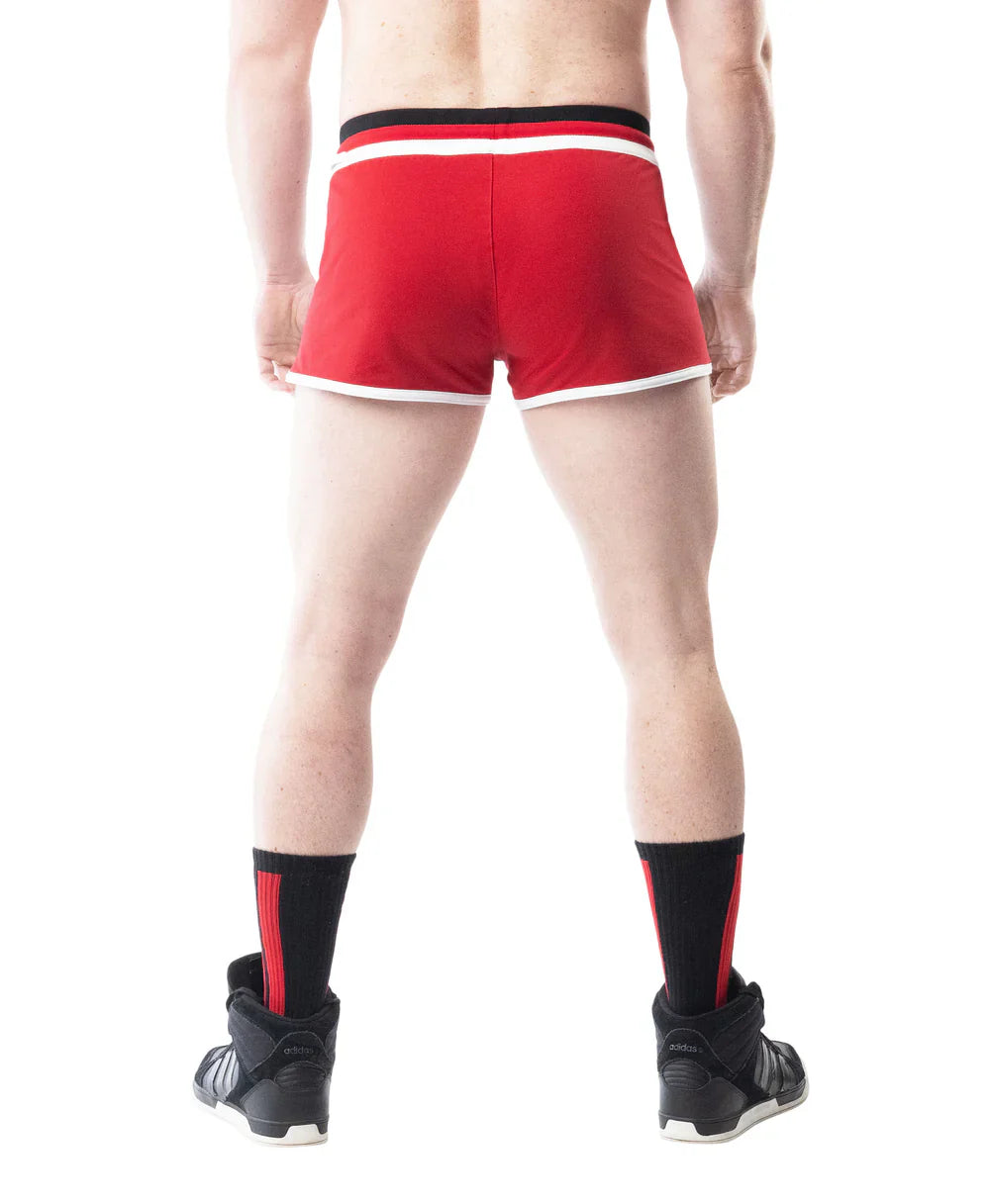 Lift Club Trunk Short red athletic shorts with white and black trim designed for active performance and comfort