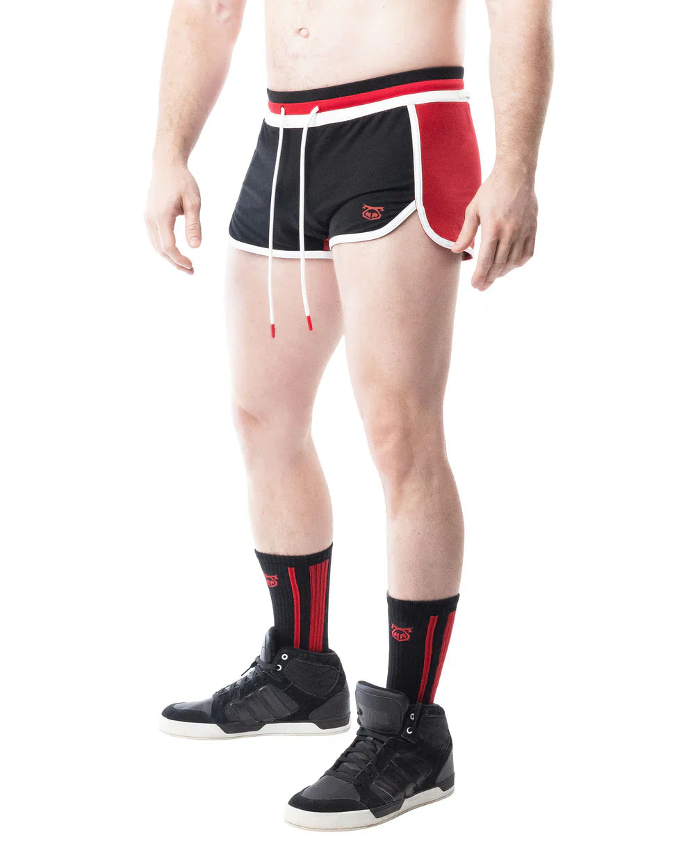 Lift club trunk short black and red athletic shorts with white trim drawstring waistband and small side logo