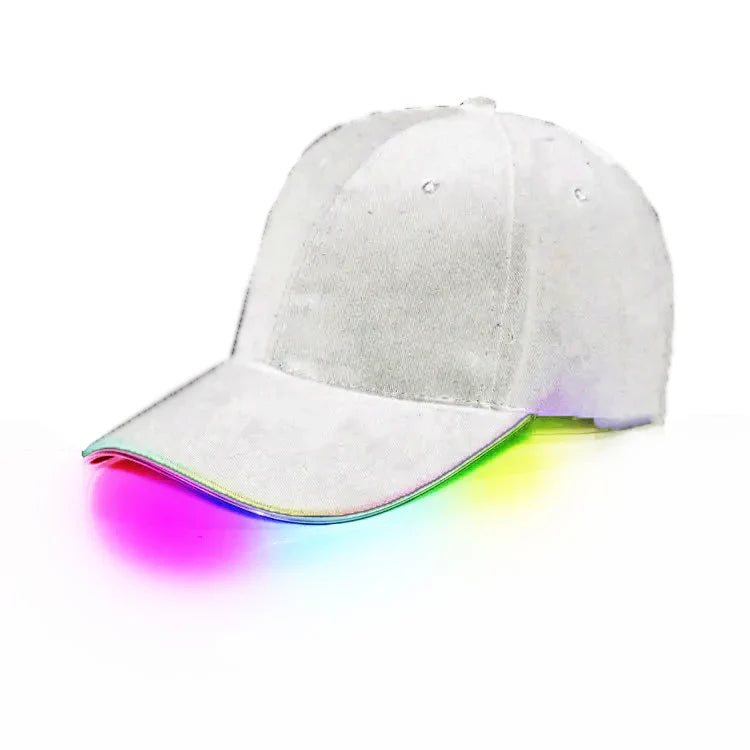 White baseball cap with glowing rainbow led trim along the brim light up brim cap for nightwear
