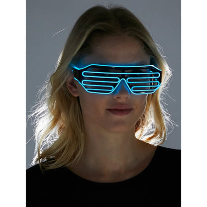 Light up glasses with blue neon-lit futuristic angular design in sleek durable material for stylish use