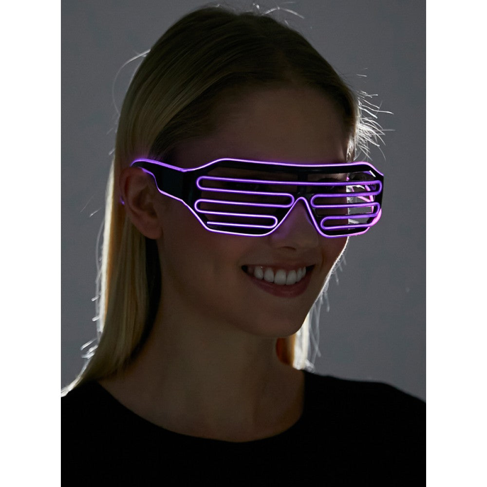 Purple led-lit light up glasses with sleek black frame and horizontal glowing stripes for stylish nighttime wear