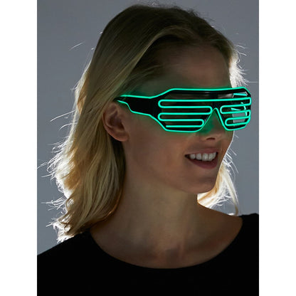 Light up glasses with green led horizontal glowing stripes and black frame designed for stylish nighttime wear